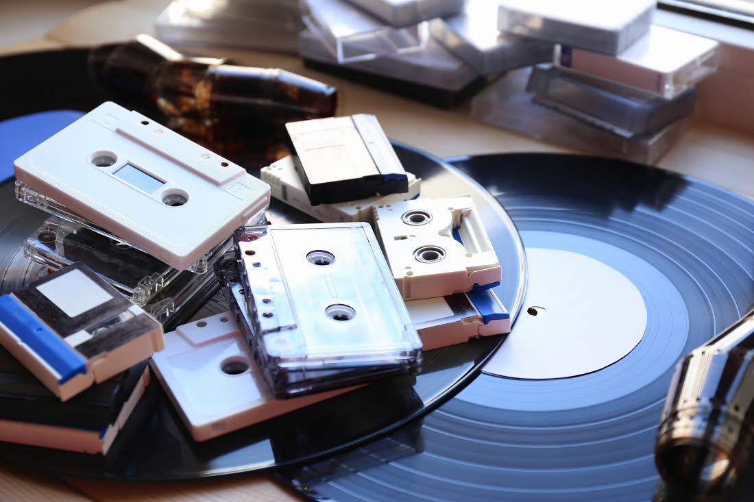 Collection of retro audio tapes, close up; Shutterstock ID 222267694