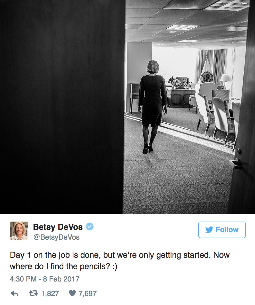 Entity reports on Twitter’s brutal reaction to Betsy DeVos tweet after her first day in office. 