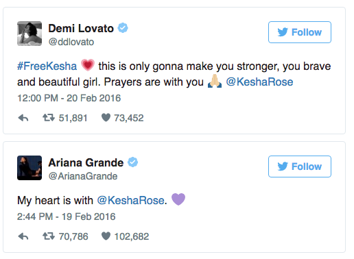 Demi Lovato and Ariana Grande tweet their support for Kesha.