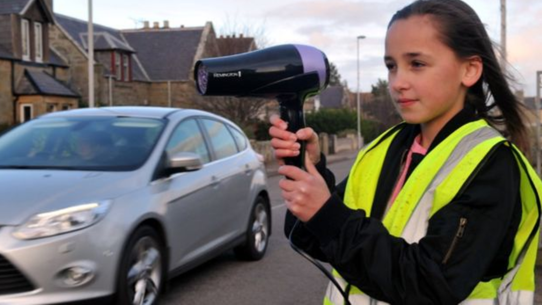 Entity reports on small town Hopeland, Scotland, who is using hairdryers to stop speeding.