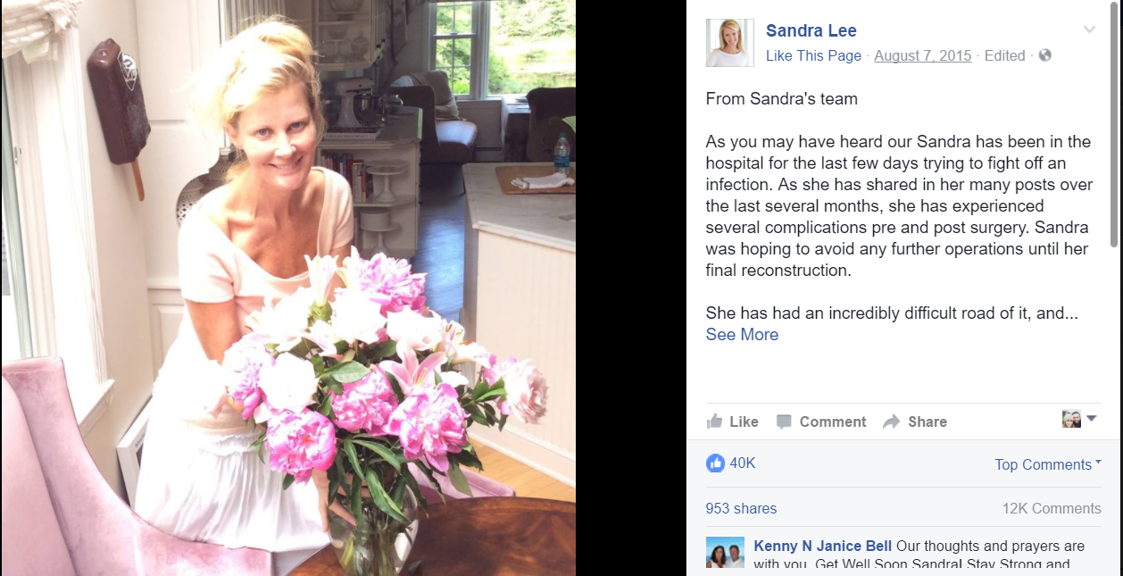 Sandra Lee experienced complications after undergoing a double mastectomy