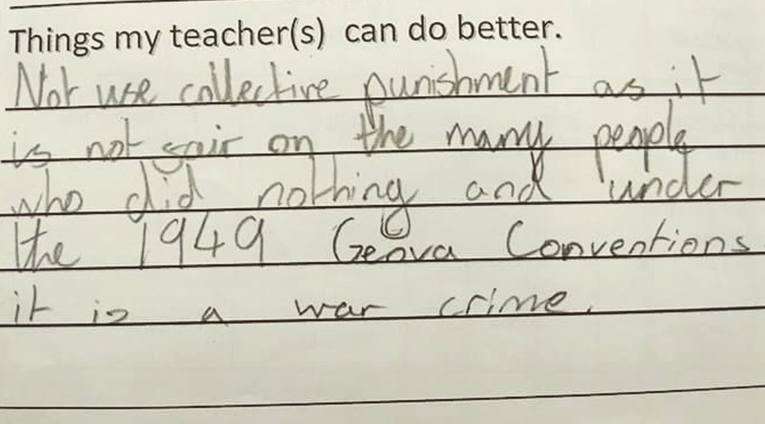 Bold 11-year-old accuses teacher of war crimes in school evaluation, Entity reports.
