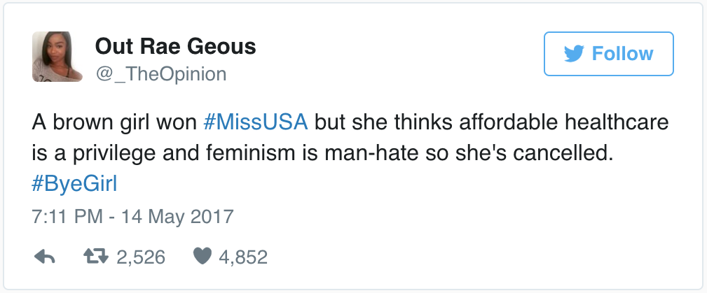 Miss USA slams feminism as man-hating and Twitter was not happy, Entity reports.