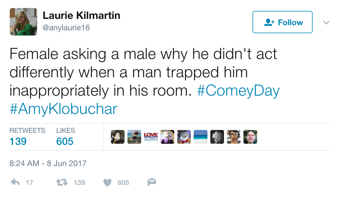 Entity reports on people on Twitter comparing the Comey testimony to sexual assault testimony.