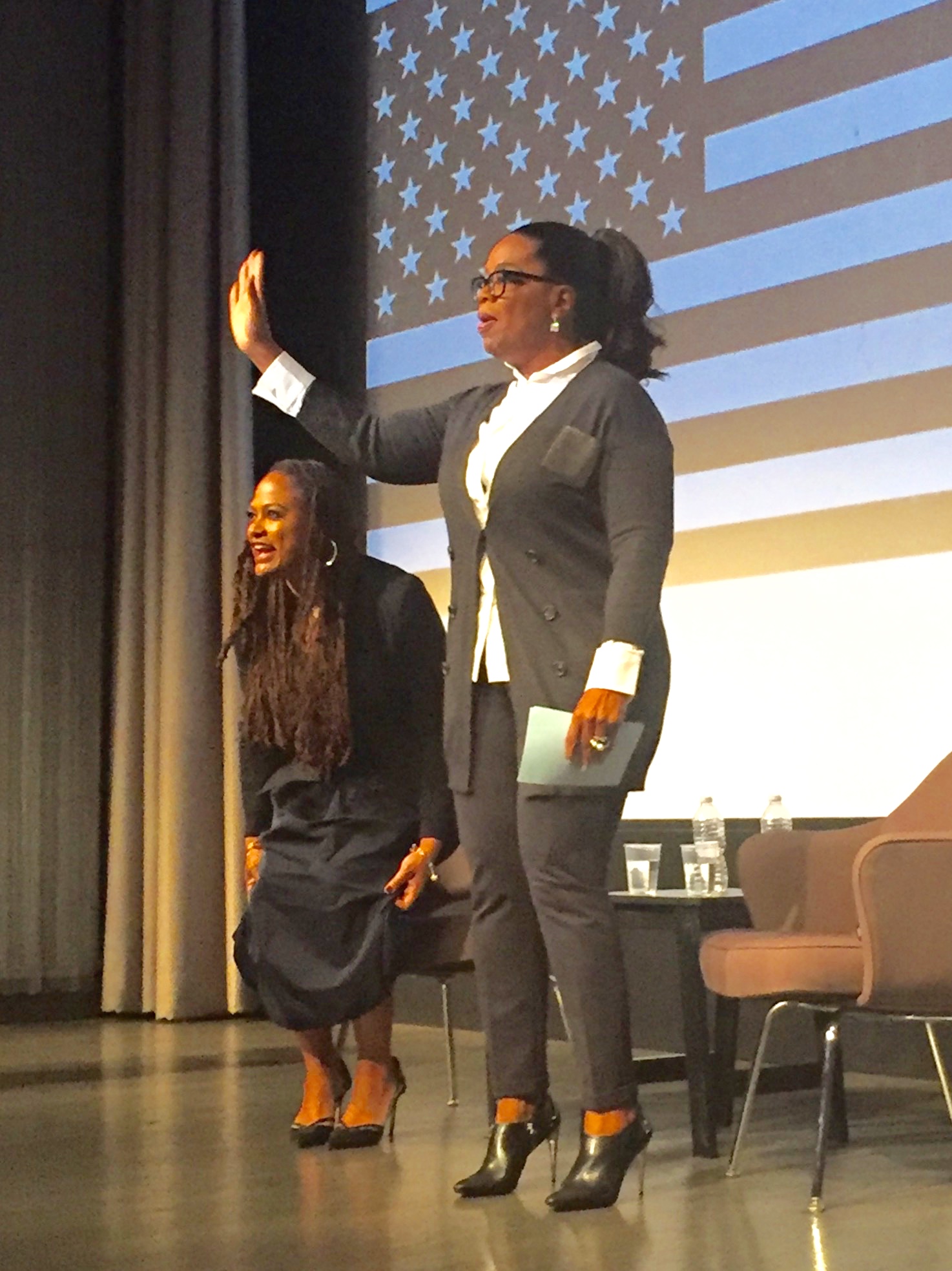Oprah Winfrey and Ava DuVernay speaking at the Museum of Tolerance in Los Angeles. 