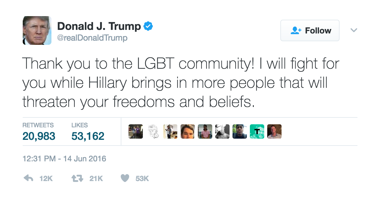 Entity reports that Donald Trump breaks promise LGBTQ rights, making this tweet essentially a lie. 
