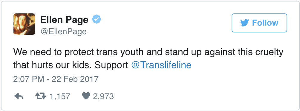 Actress Ellen Page encourages fans to support Trans Lifeline after Donald Trump breaks promise to protect LGBTQ rights, Entity reports.