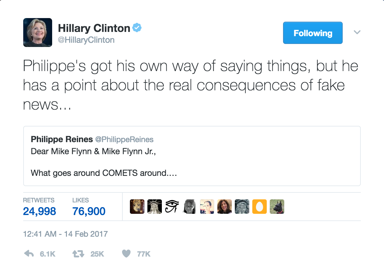Hillary Clinton highlighted the trouble with fake news in tweet trolling Michael Flynn.