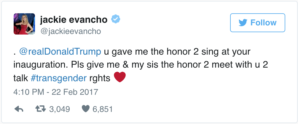 Entity shows that singer Jackie Evancho is disappointed that Donald Trump breaks promise to protect LGBTQ rights.