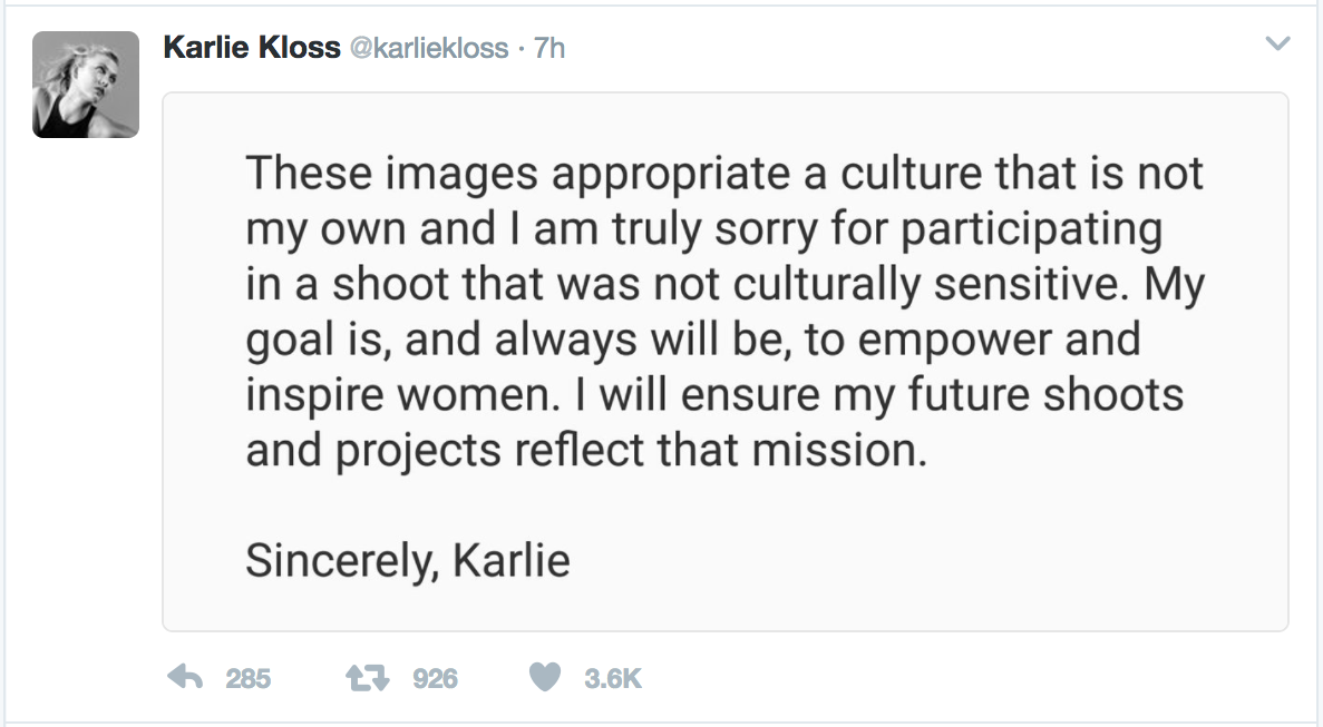 Karlie Kloss posted an apology on Twitter after Vogue spread backlash, Entity reports.