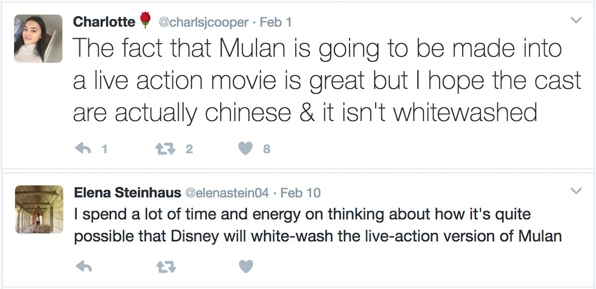 Entity reports on the worry that the live-action "Mulan" movie will be whitewashed.