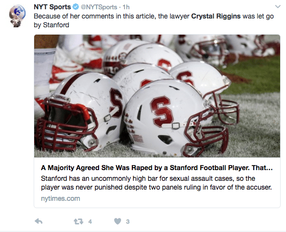 Stanford fired Crystal Riggins after she spoke about against the school's sexual assault policy.