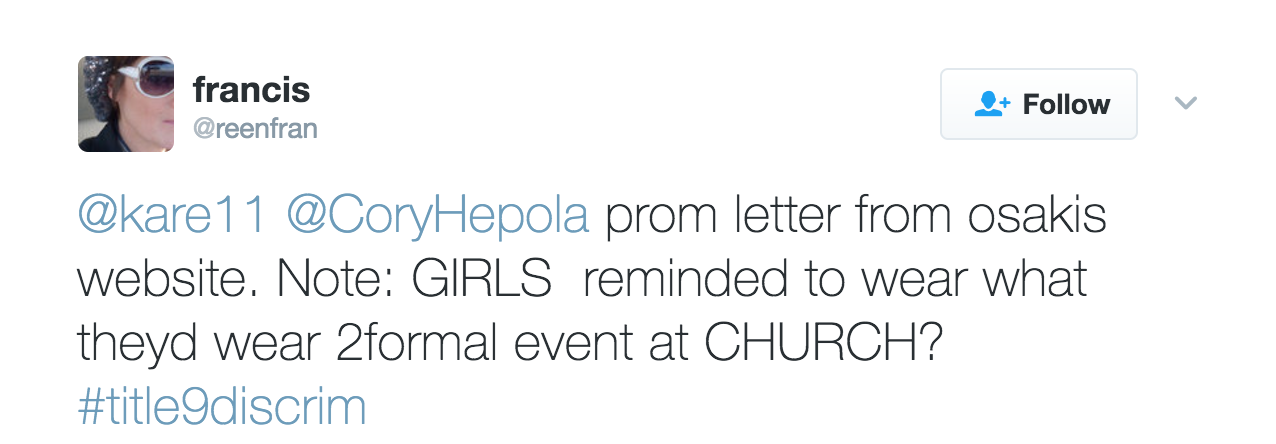 Entity reports on Twitter user @reenfran, who critiqued the school’s prom dress code.