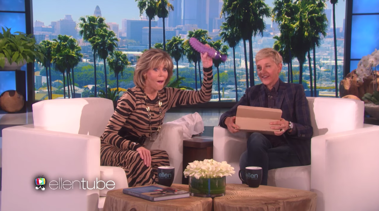 Jane Fonda embarrasses Ellen DeGeneres with vibrator, Entity reports.