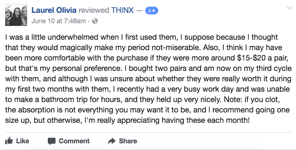 Entity shares 4 THINX reviews.