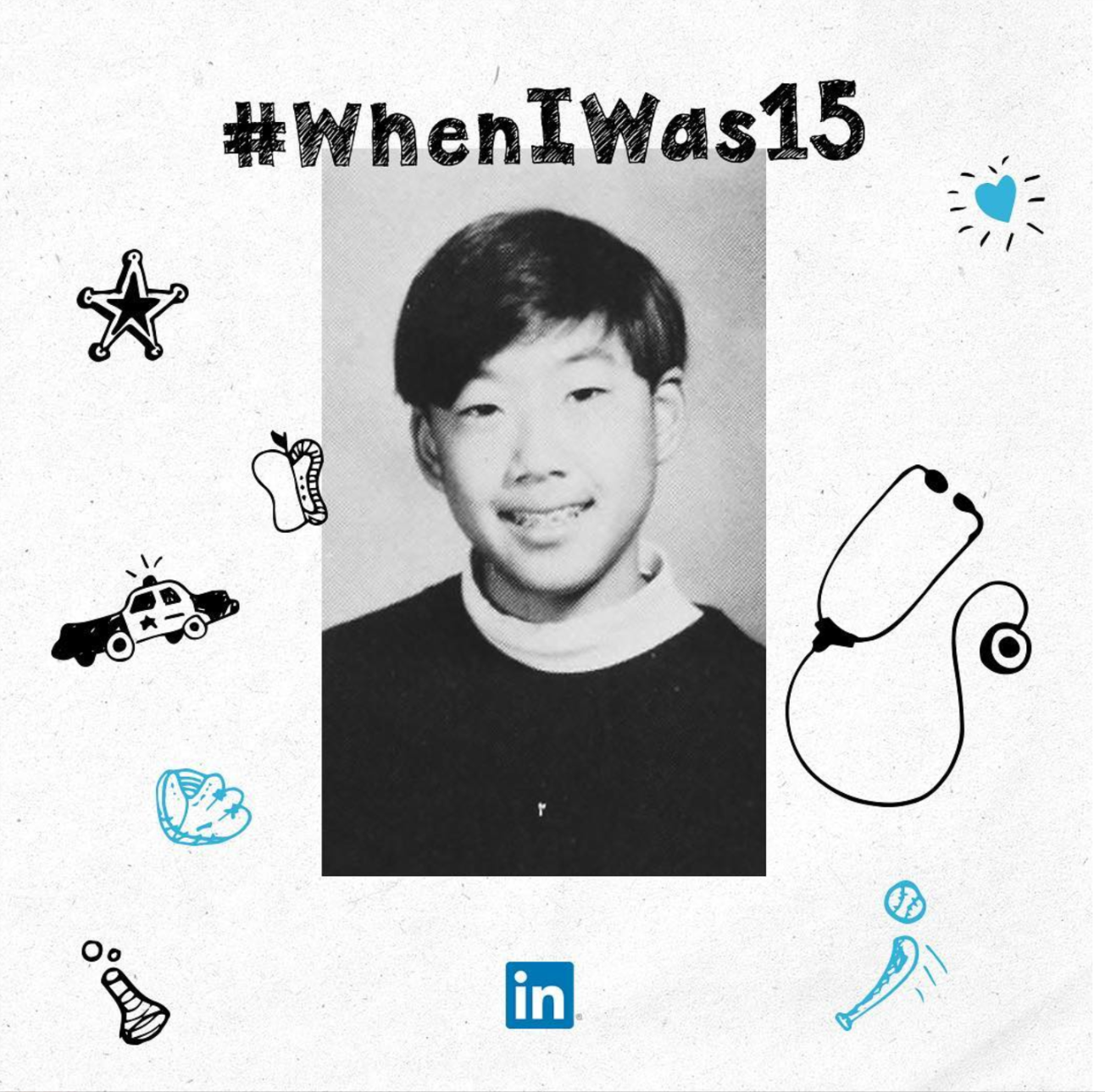 ENTITY shares LinkedIn profile tips. High school yearbook photo with hashtag "#WhenIWas15."