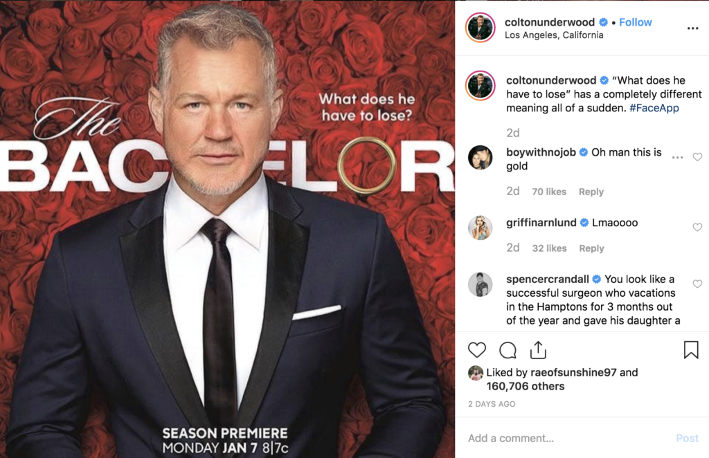 Entity shares a photo of Colton Underwood, of the Bachelor, participating in #FaceAppChallenge.