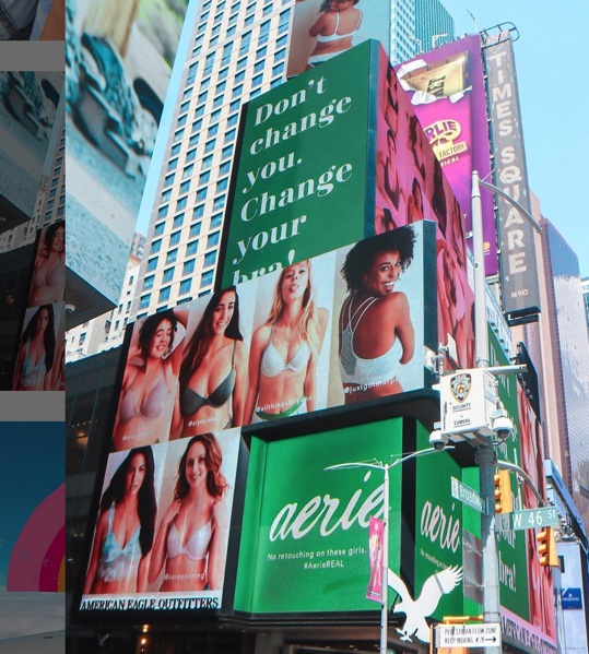 Entity shares photo of an Aerie ad in Times Square featuring Lilly Cepull.