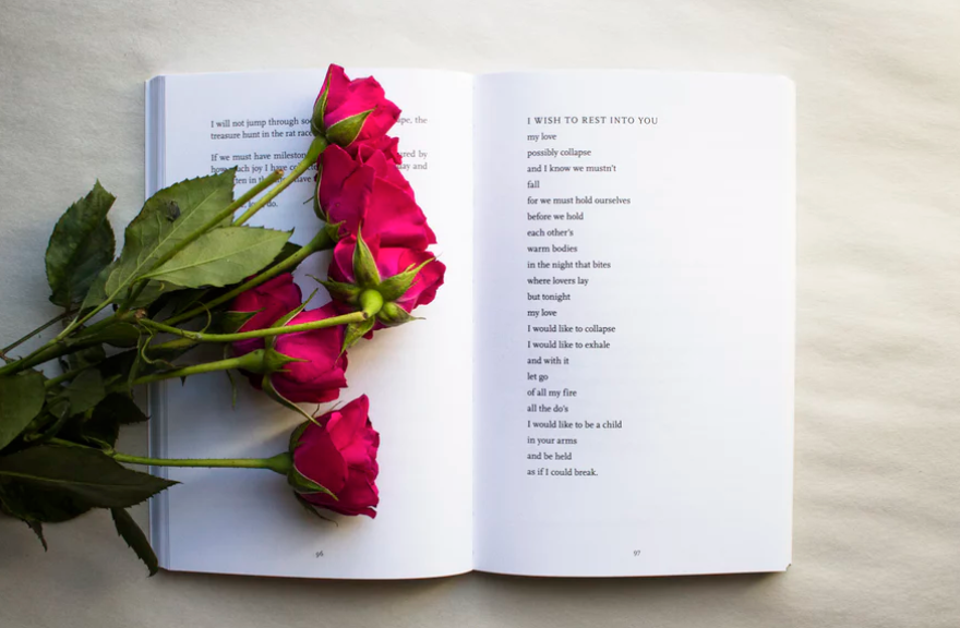 ENTITY shares photo of poetry book with self-love and roses via Unsplash