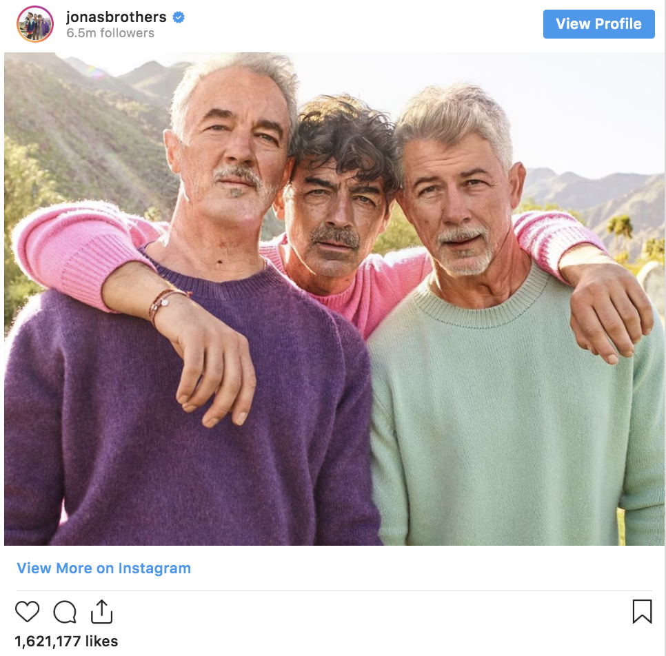 Entity shares a photo of the Jonas Brothers' #FaceAppChallenge result.