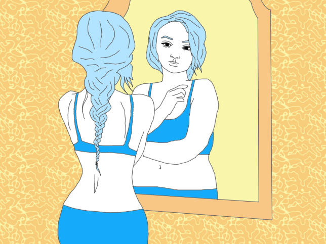 Illustration of a girl seeing herself bigger in a mirror entity