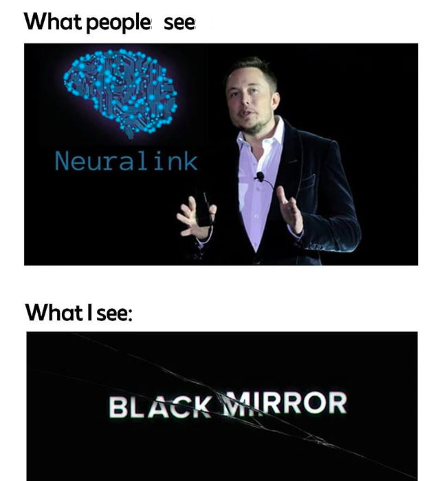 ENTITY shares photo of Elon Musk presenting Neuralink, with a reference to Black Mirror.