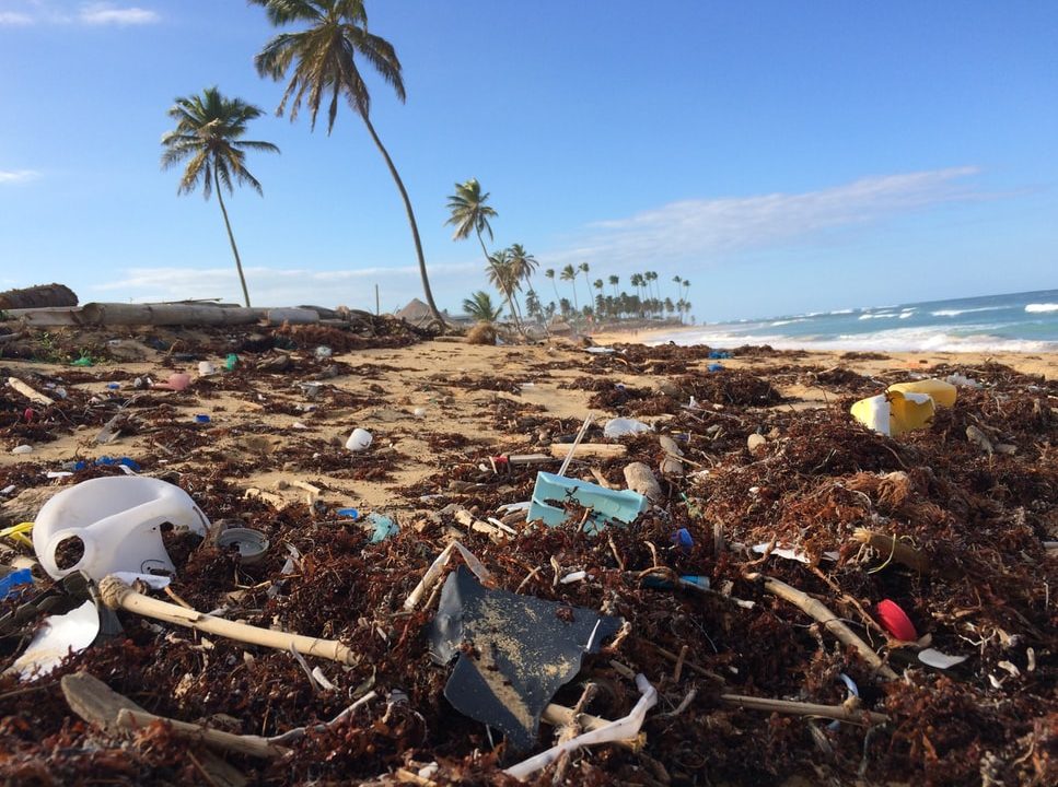 Image of a beach that is covered in plastic and other garbage.