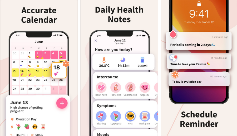 Three screenshots displaying the features on the health app Period Calendar. 