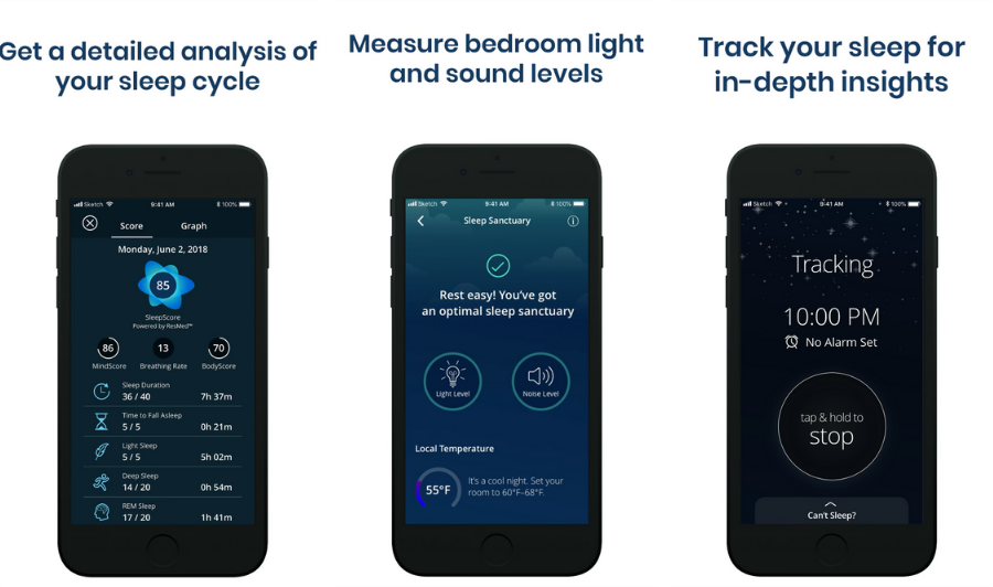 Screenshots of health app SleepScore's features. 