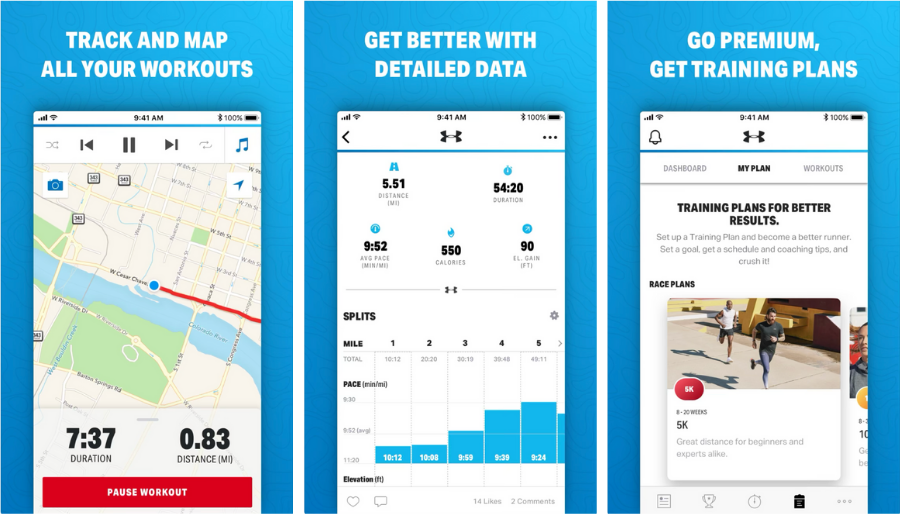 Screenshots of MapMyRun app, showing the mapping and charting features. 