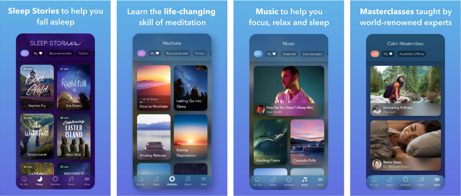 Screenshots of the Calm app, which leads users through sleep stories, meditation, relaxing music, and other masterclasses. 